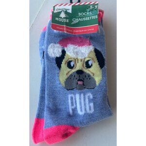 Christmas House Mid-Calf Holiday PUG Dog Santa Hat Socks Women's Size 5-9 (S/M)